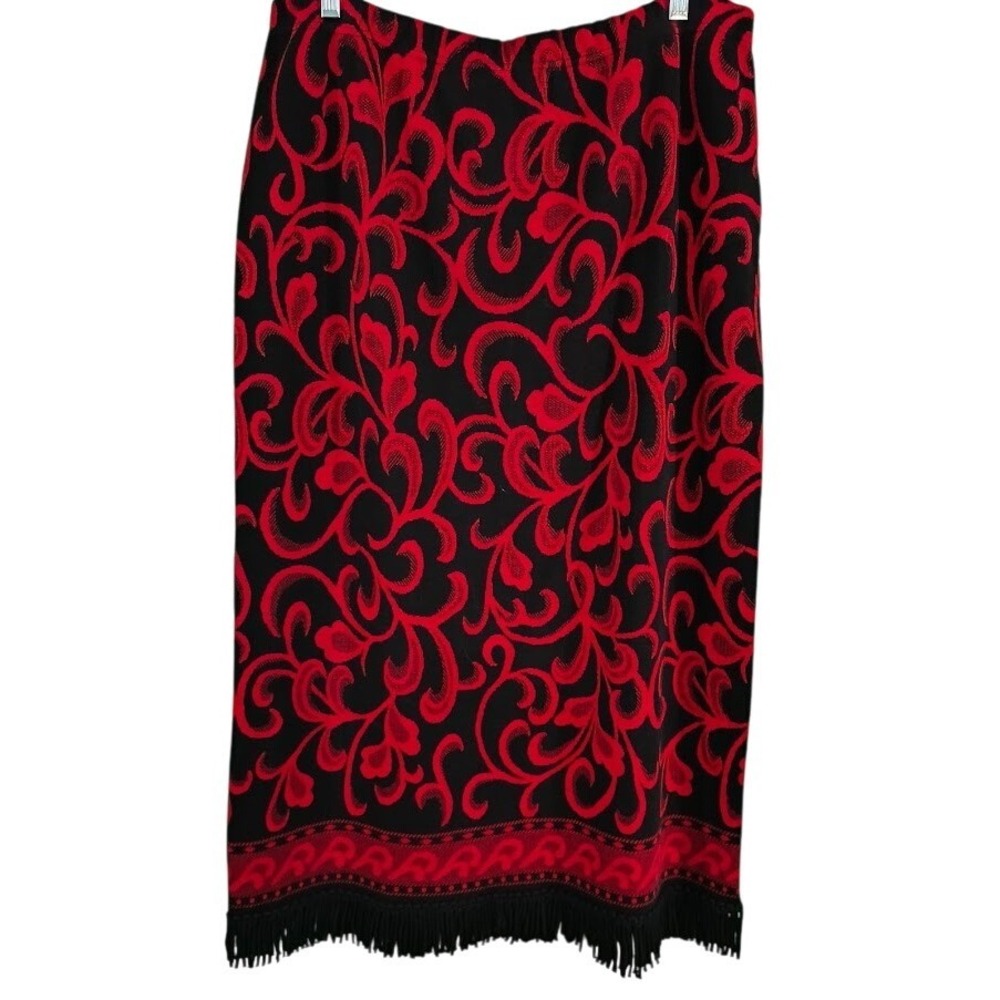 Vintage Nina Leonard Black Red Scroll Pattern Knit Maxi Skirt Fringe Hem X-Large